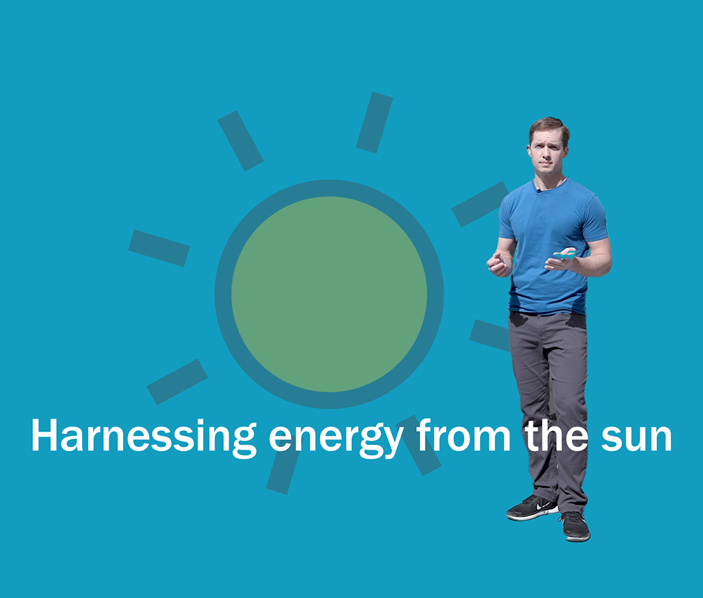 Decorative graphic displaying researcher Jason Cooper in front of a 2D drawing of the sun. Text on the bottom half of the image reads "Harnessing energy from the sun"